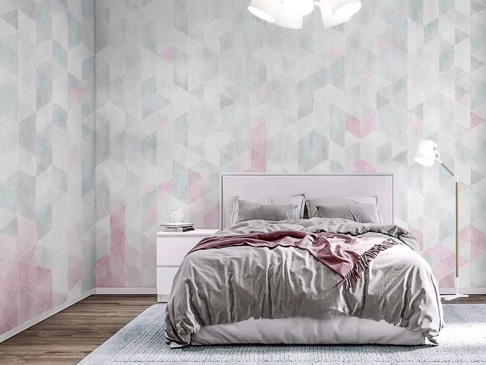 Fototapeta Geometryczny wzór z pastelowych trójkątów we wnętrzu sypialni