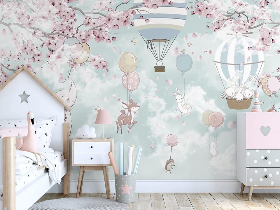 Fototapeta Balon z królikami i kwiatami we wnętrzu pokoju nastolatka