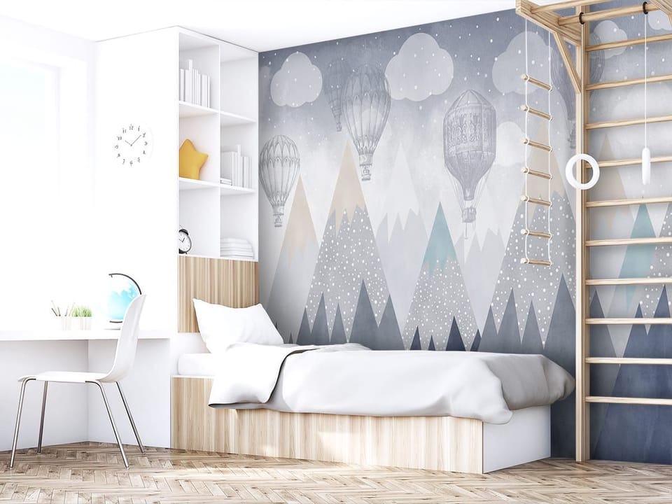 Fototapeta Góry z balonami na niebie we wnętrzu pokoju nastolatka