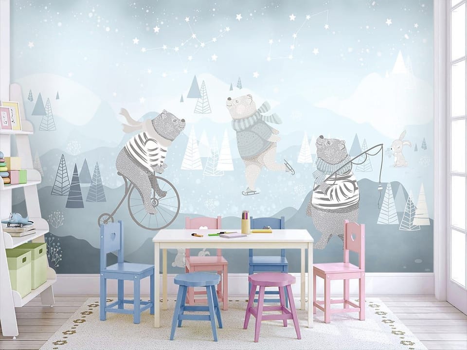 Fototapeta Zimowe przygody niedźwiedzi we wnętrzu pokoju dziecka