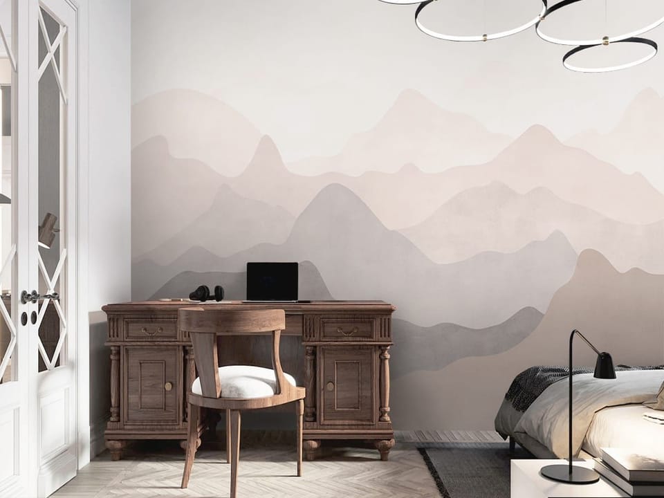 Fototapeta Warstwowe sylwetki gór w szarościach we wnętrzu sypialni