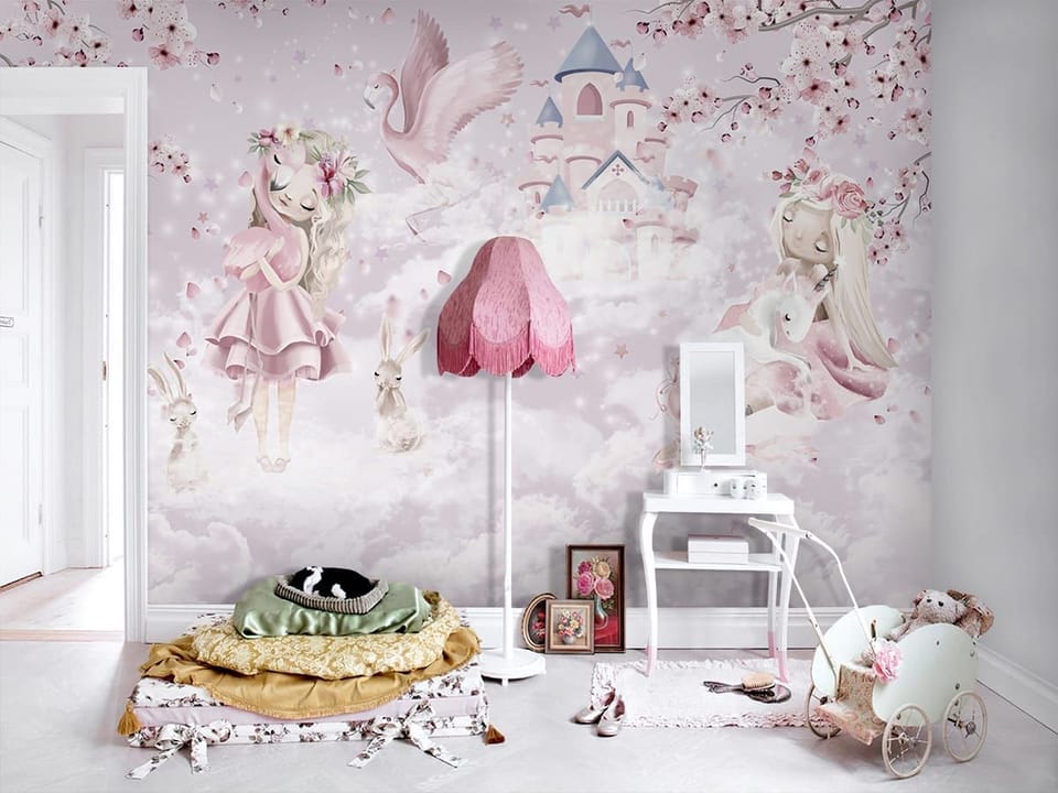 Fototapeta Dziewczynki w Chmurach z Zamkiem we wnętrzu pokoju dziecka