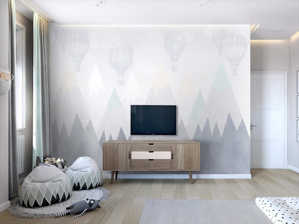 Fototapeta Góry z Balonami i Śniegiem we wnętrzu pokoju nastolatka