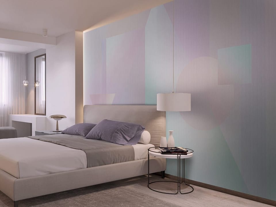 Fototapeta Geometryczne kształty w pastelach we wnętrzu sypialni