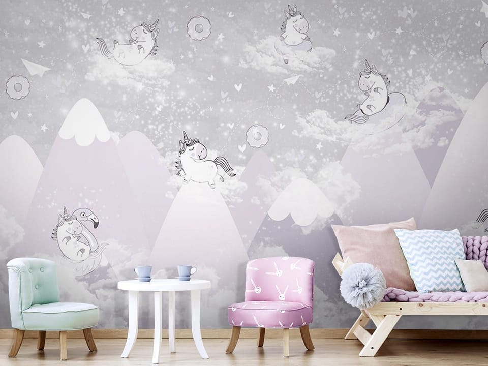 Fototapeta Jednorożce w chmurach we wnętrzu pokoju dziecka