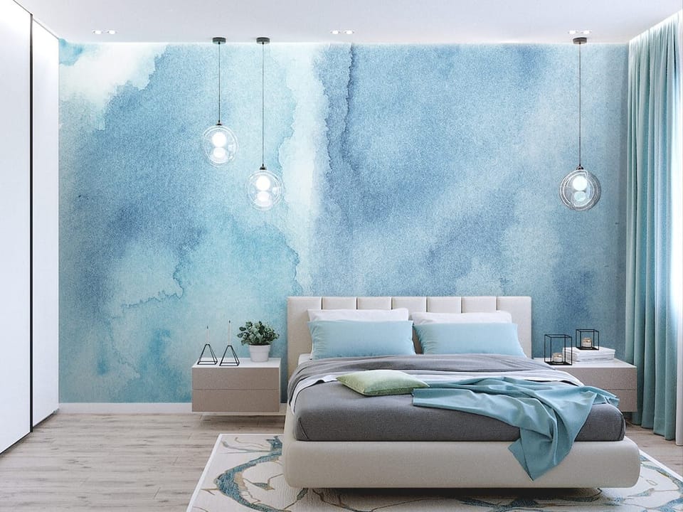 Fototapeta Abstrakcyjne Niebieskie Plamy we wnętrzu sypialni