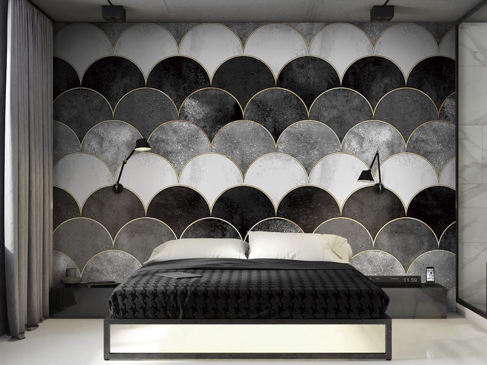 Fototapeta Elegancki wzór łuskowy w szarościach we wnętrzu sypialni