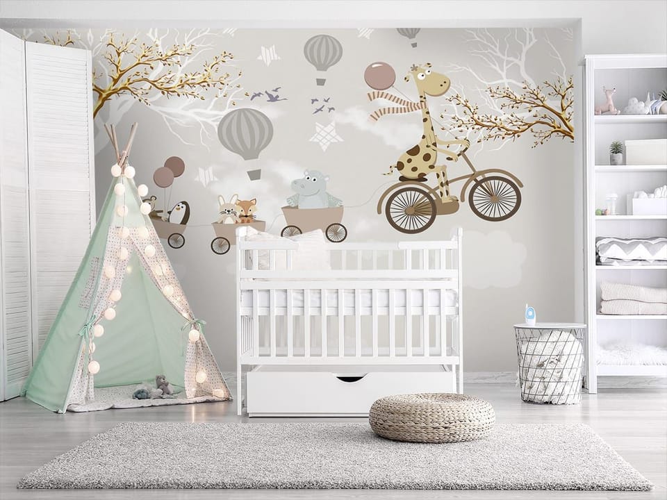 Fototapeta Żyrafa na rowerze z przyczepkami we wnętrzu pokoju dziecka
