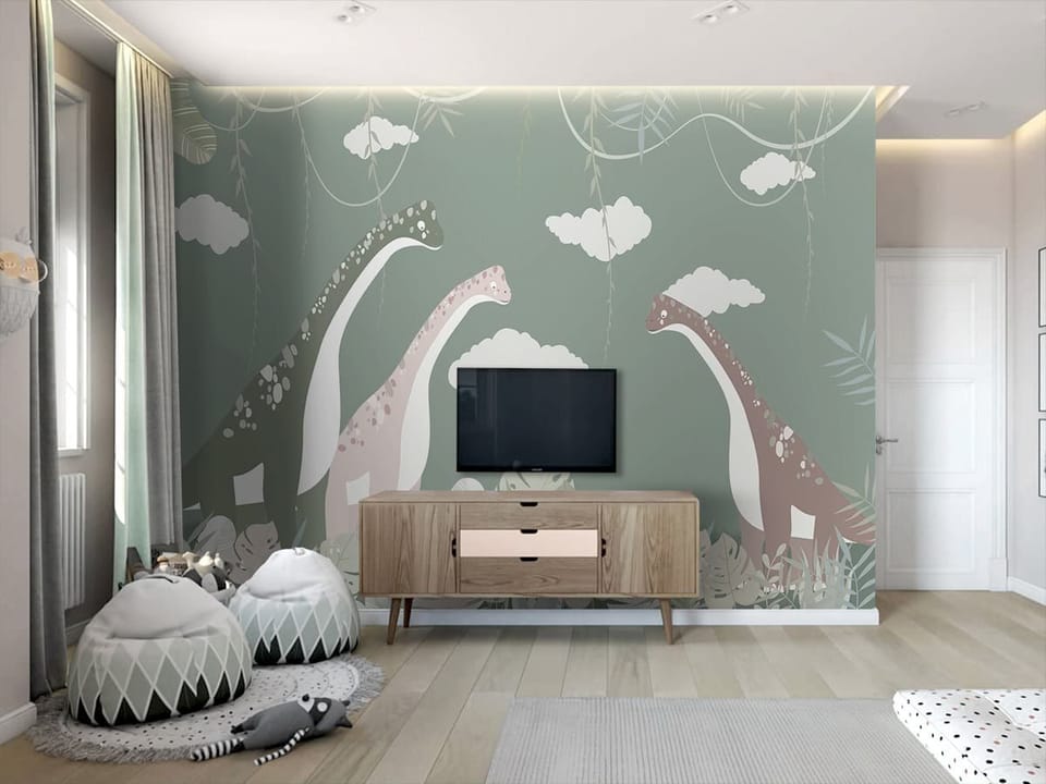 Fototapeta Dinozaury wśród roślin we wnętrzu pokoju dziecka