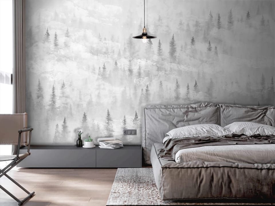 Fototapeta Mglisty las z drzewami iglastymi we wnętrzu sypialni
