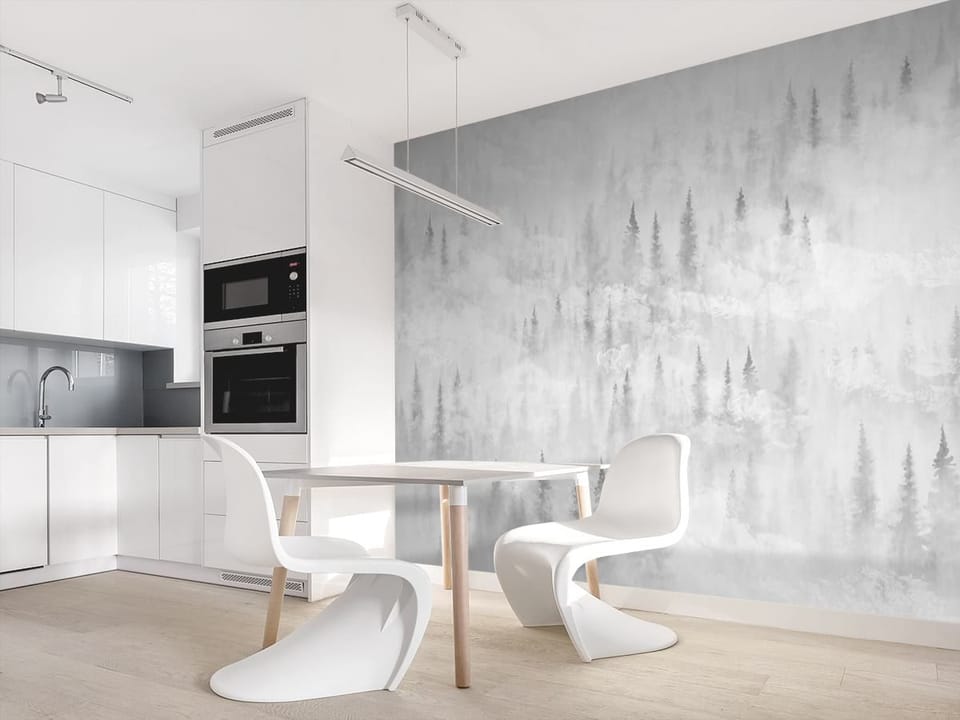 Fototapeta Mglisty las z drzewami iglastymi we wnętrzu kuchni