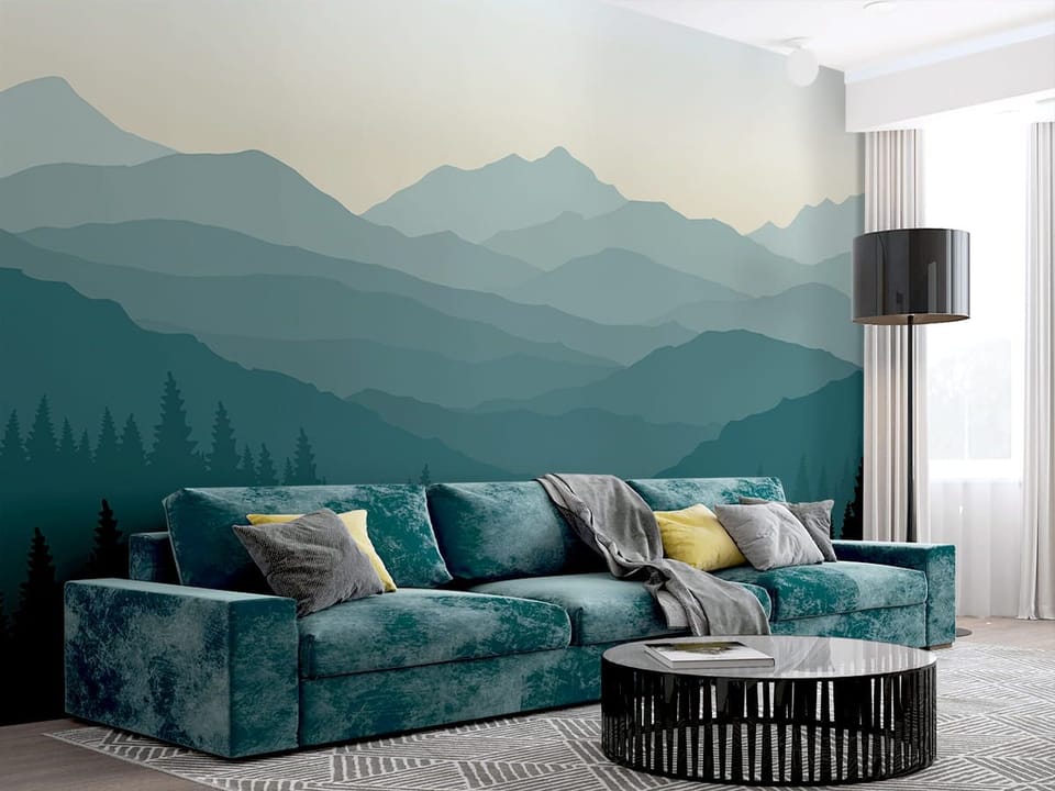 Fototapeta Warstwowe pasma górskie i las we wnętrzu salonu