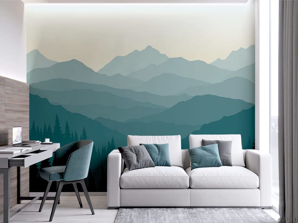 Fototapeta Warstwowe pasma górskie i las we wnętrzu pokoju nastolatka