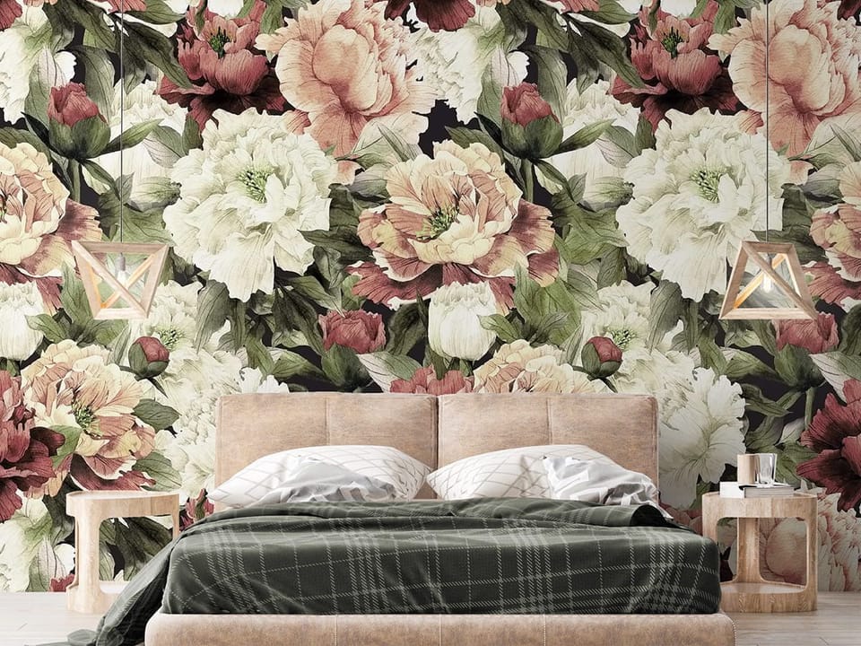 Fototapeta Piwonie w odcieniach różu i bieli we wnętrzu sypialni