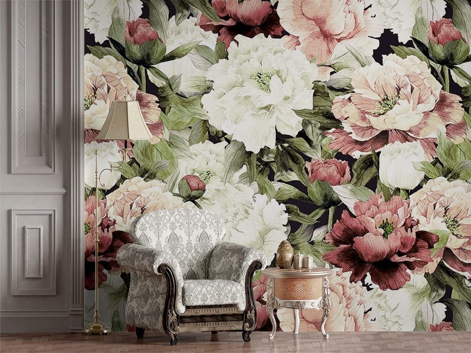 Fototapeta Piwonie w odcieniach różu i bieli we wnętrzu przedpokoju