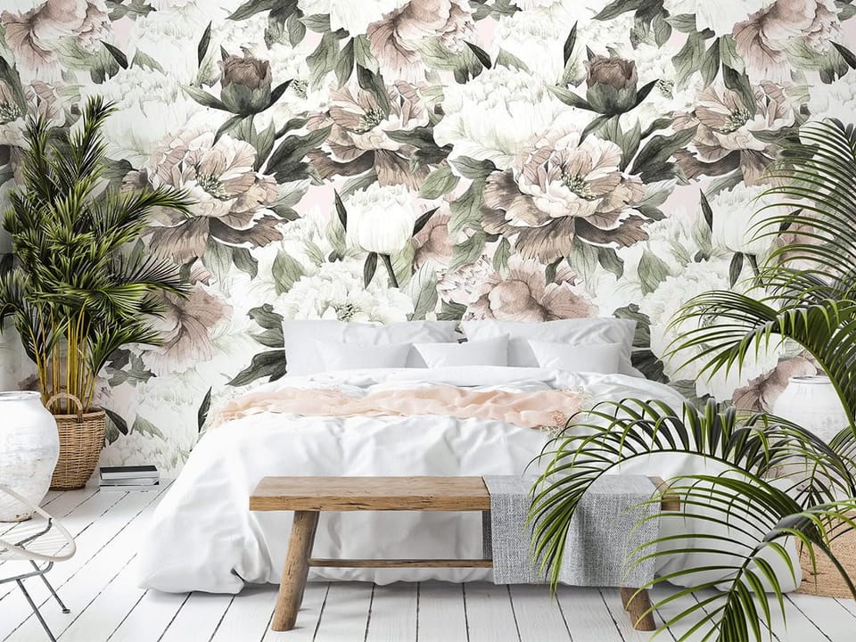 Fototapeta Kwiaty piwonii z liśćmi we wnętrzu sypialni