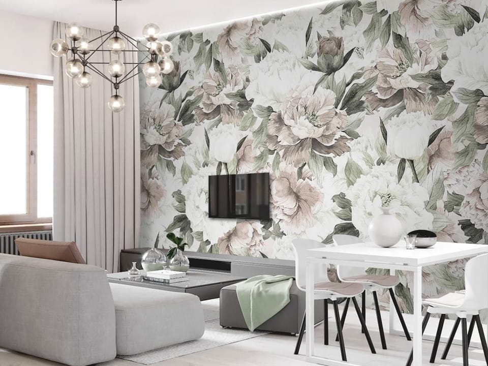 Fototapeta Kwiaty piwonii z liśćmi we wnętrzu salonu