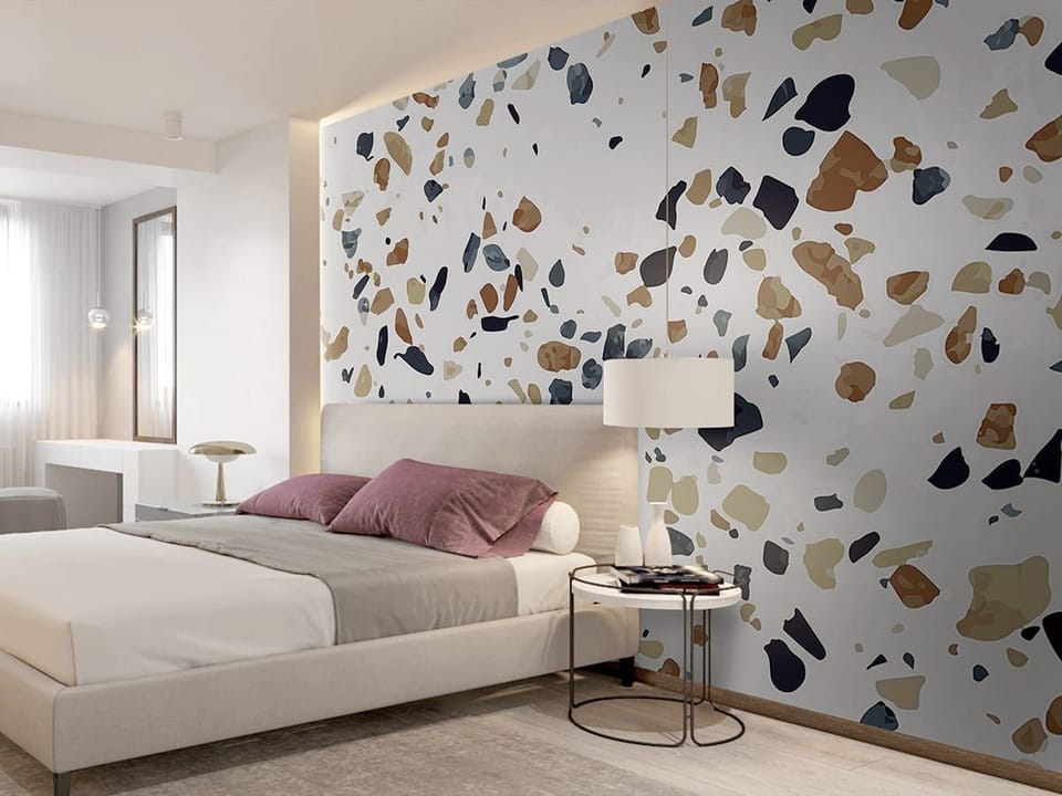 Fototapeta Kolorowy wzór terrazzo na jasnym tle we wnętrzu sypialni