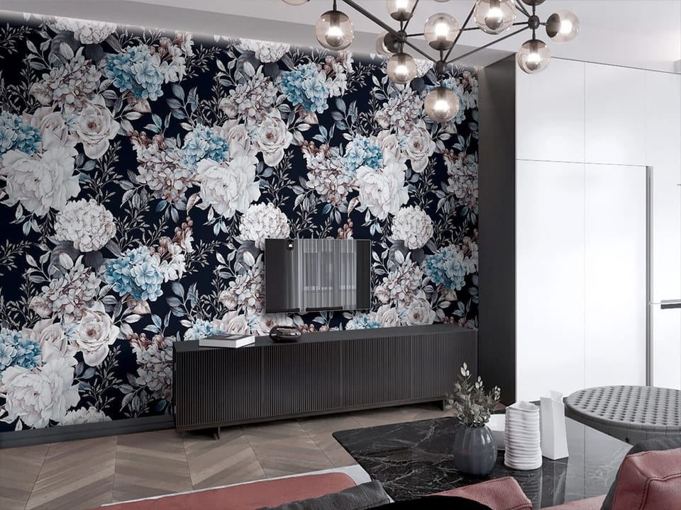 Fototapeta Kwiaty i Liście na Ciemnym Tle we wnętrzu salonu