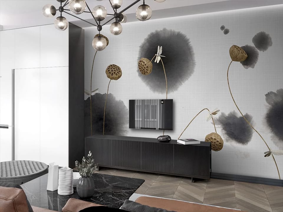 Fototapeta Abstrakcyjne rośliny z owocostanami we wnętrzu salonu