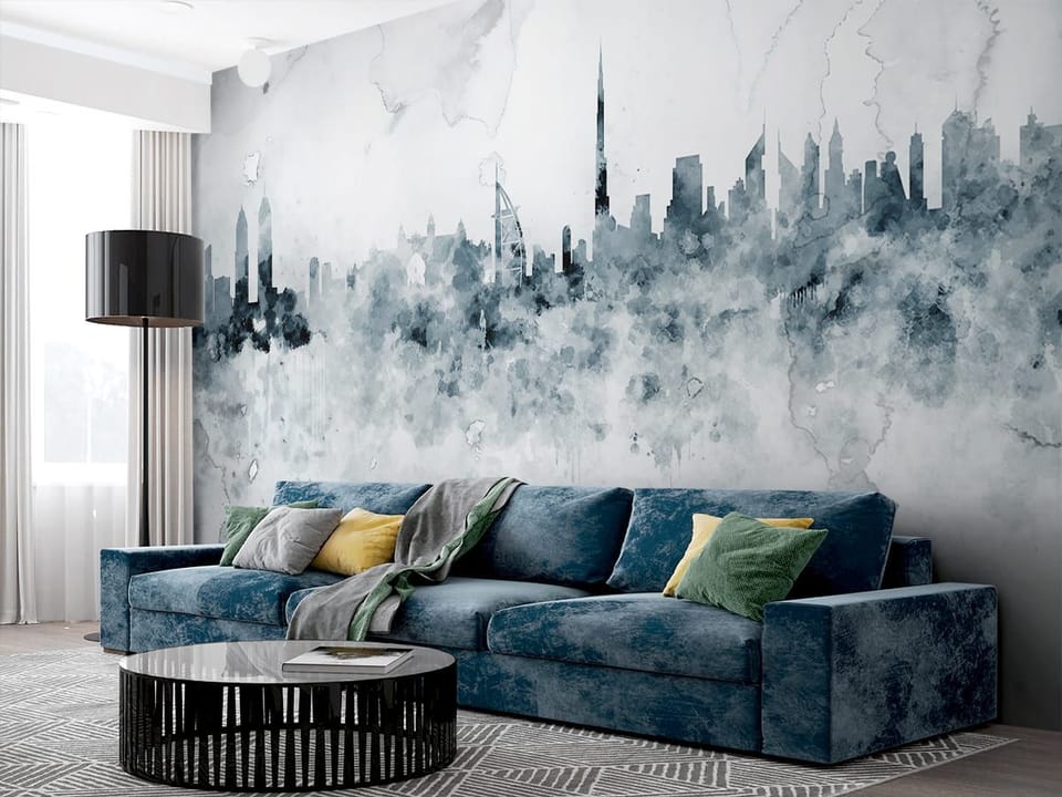 Fototapeta Panorama miasta z wieżowcami we wnętrzu salonu