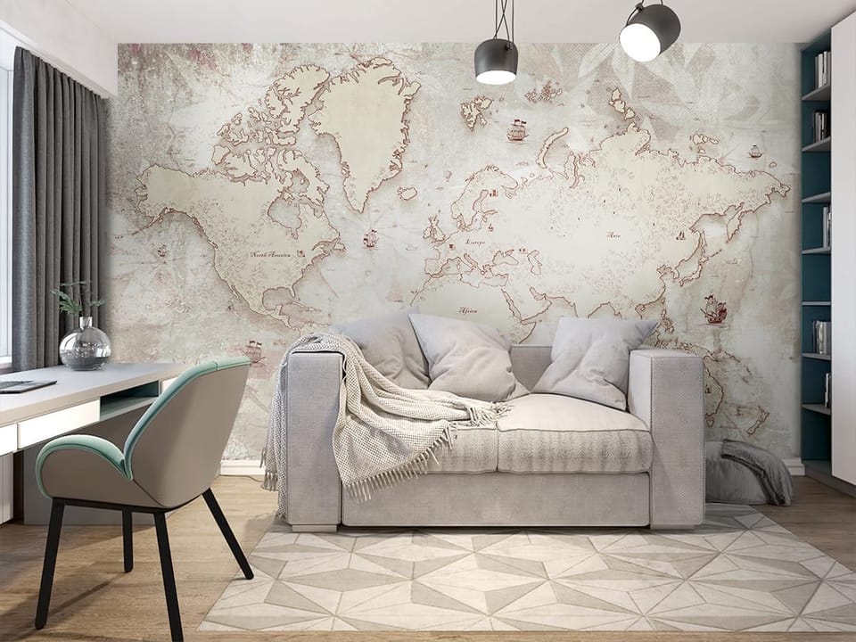 Fototapeta Stara mapa świata z kontynentami we wnętrzu pokoju nastolatka