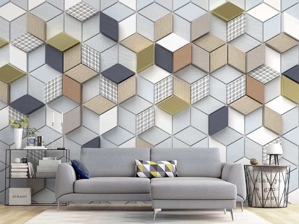 Fototapeta Geometryczny wzór z sześcianów we wnętrzu salonu