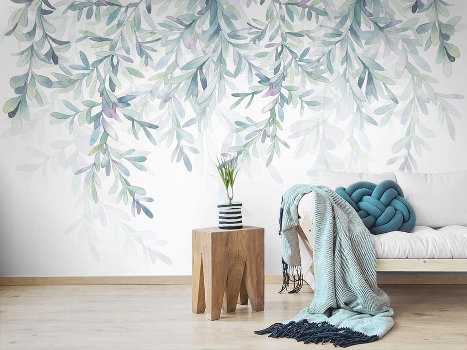 Fototapeta Wiszące gałęzie z liśćmi we wnętrzu salonu