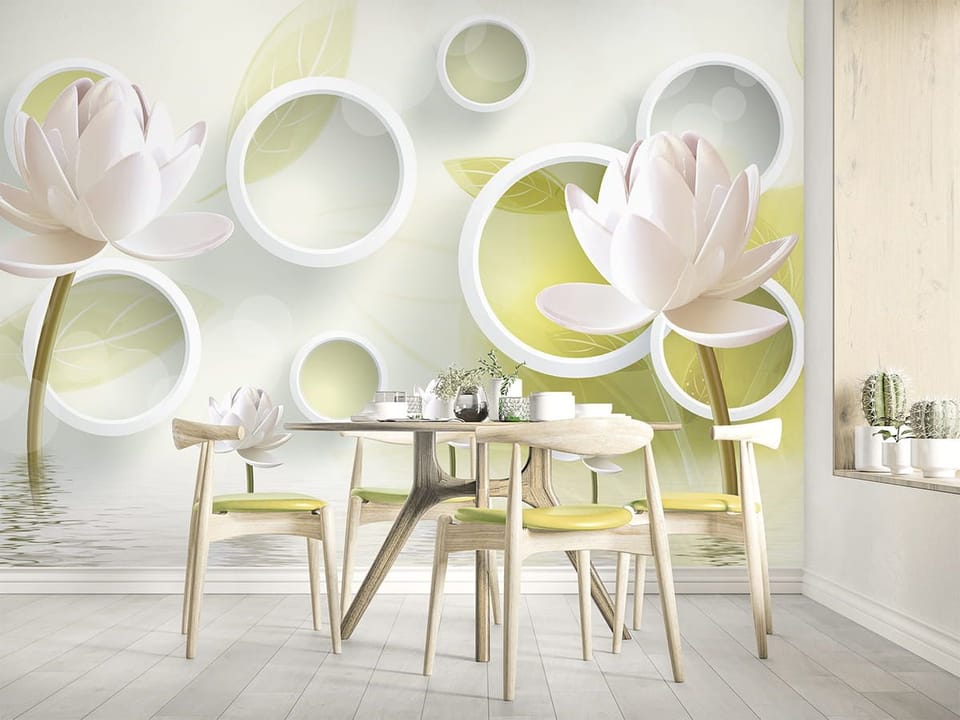 Fototapeta Białe kwiaty lotosu na wodzie we wnętrzu kuchni