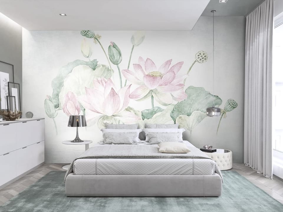 Fototapeta Lilie i kwiaty lotosu na wodzie we wnętrzu sypialni