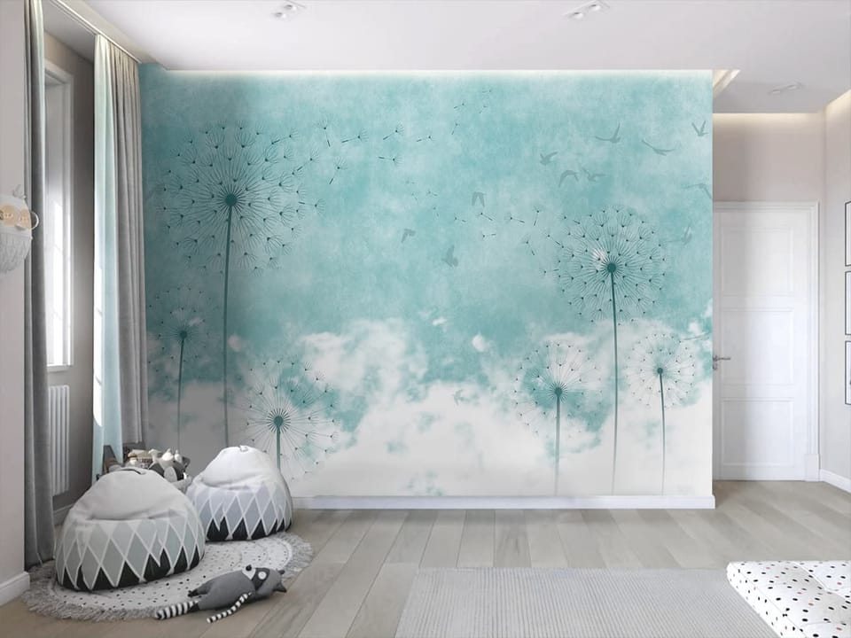 Fototapeta Dmuchawce na tle chmur we wnętrzu pokoju nastolatka