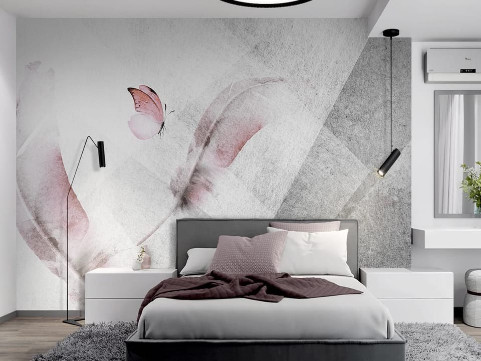 Fototapeta Różowe pióra na jasnym tle we wnętrzu sypialni