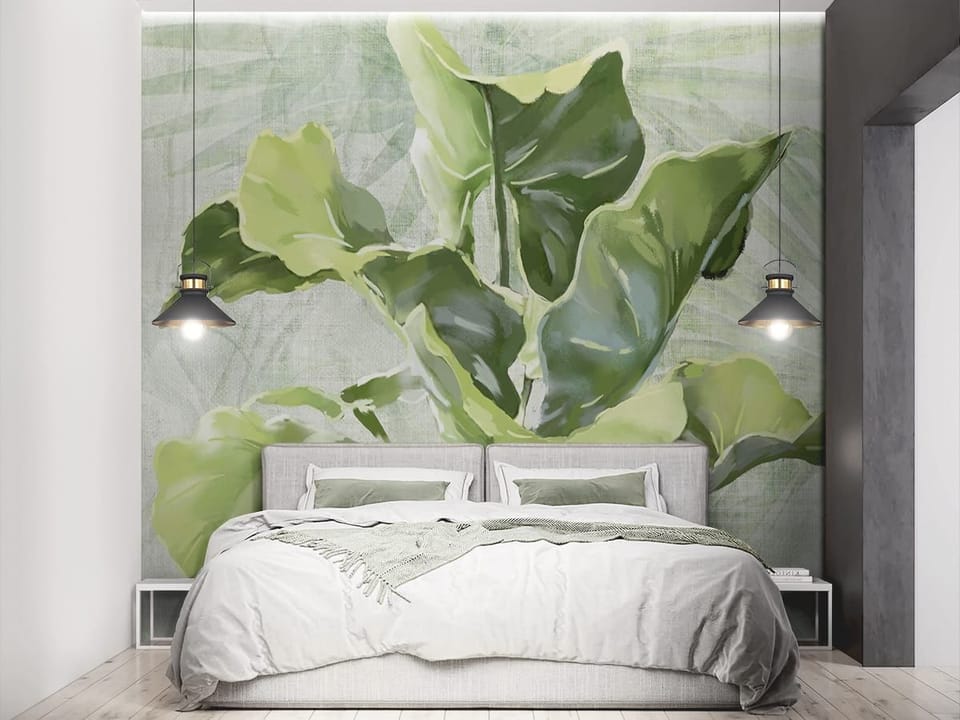 Fototapeta Zielone liście na jasnym tle we wnętrzu sypialni