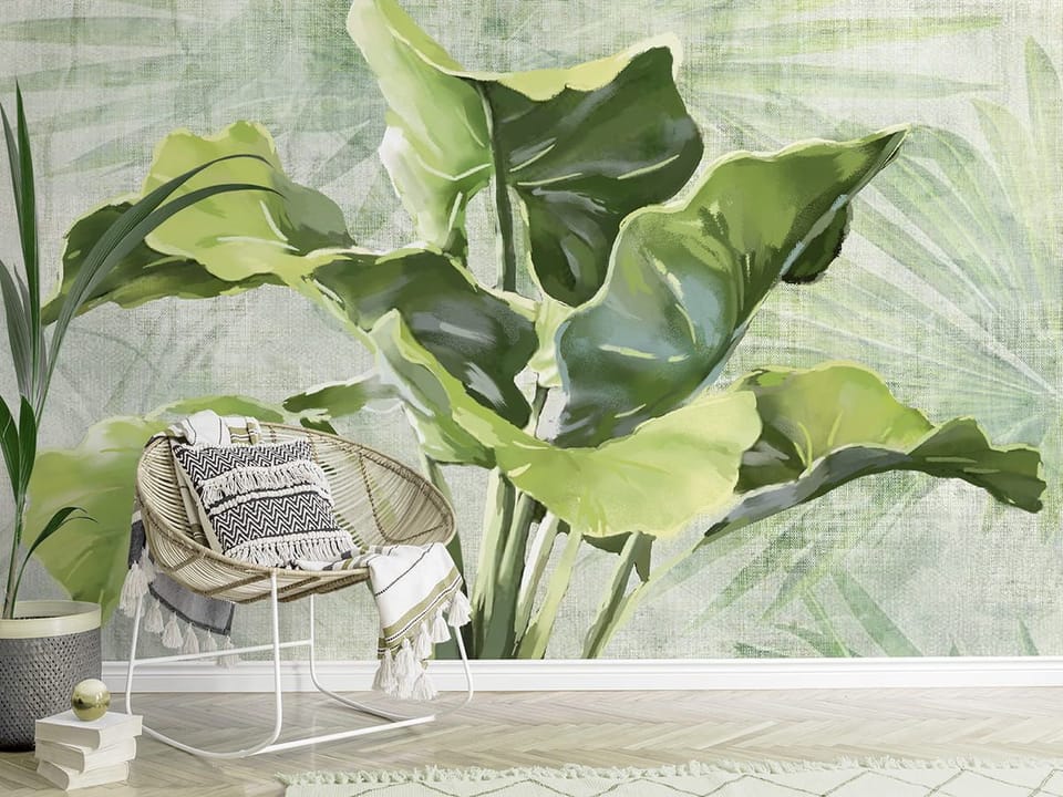 Fototapeta Zielone liście na jasnym tle we wnętrzu przedpokoju