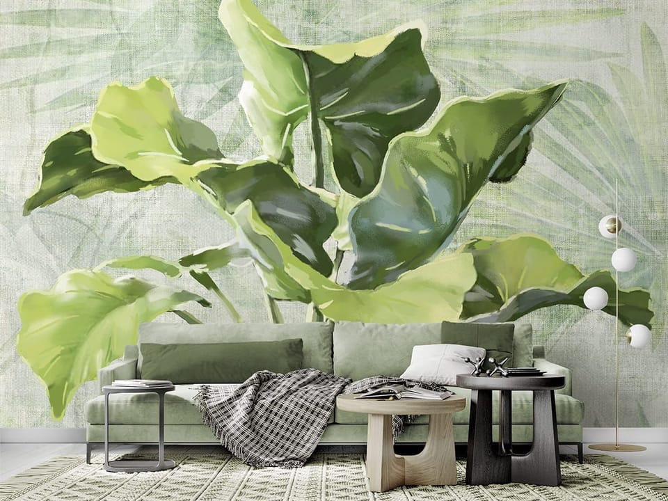 Fototapeta Zielone liście na jasnym tle we wnętrzu salonu