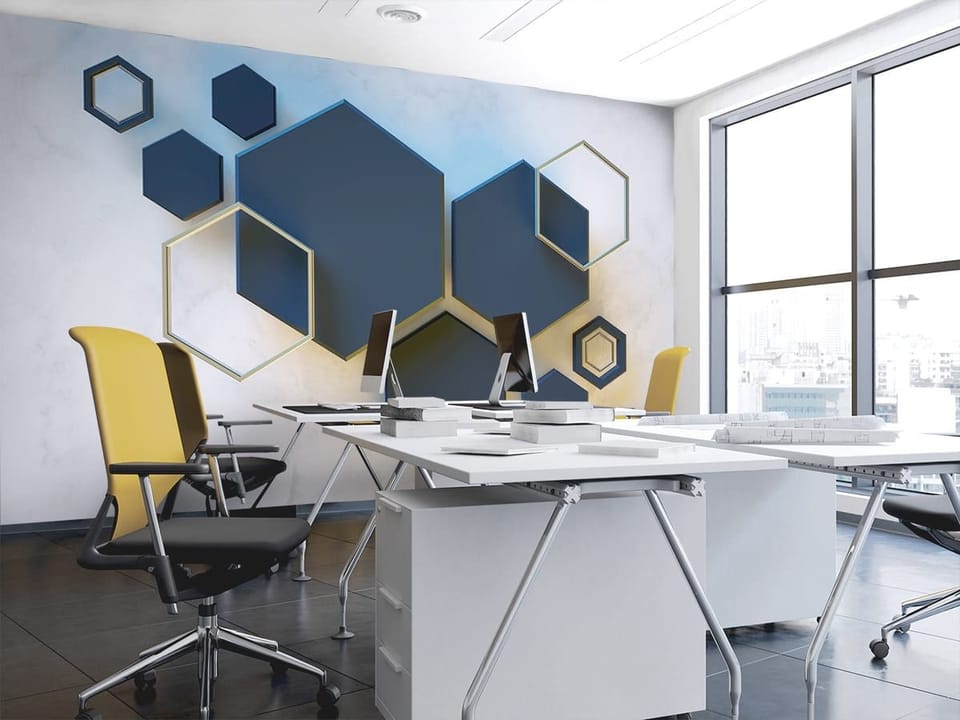 Fototapeta Ciemne sześciokąty na marmurze we wnętrzu biura