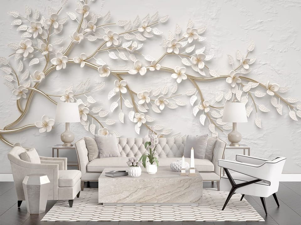 Fototapeta Gałąź z kwiatami i liśćmi we wnętrzu salonu