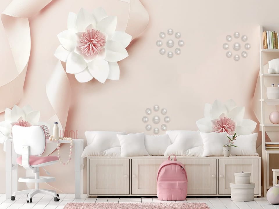 Fototapeta Kwiaty lotosu i wstążki 3D we wnętrzu pokoju nastolatka