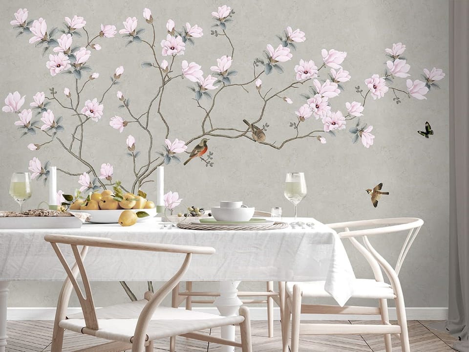 Fototapeta Gałąź magnolii z kwiatami we wnętrzu kuchni