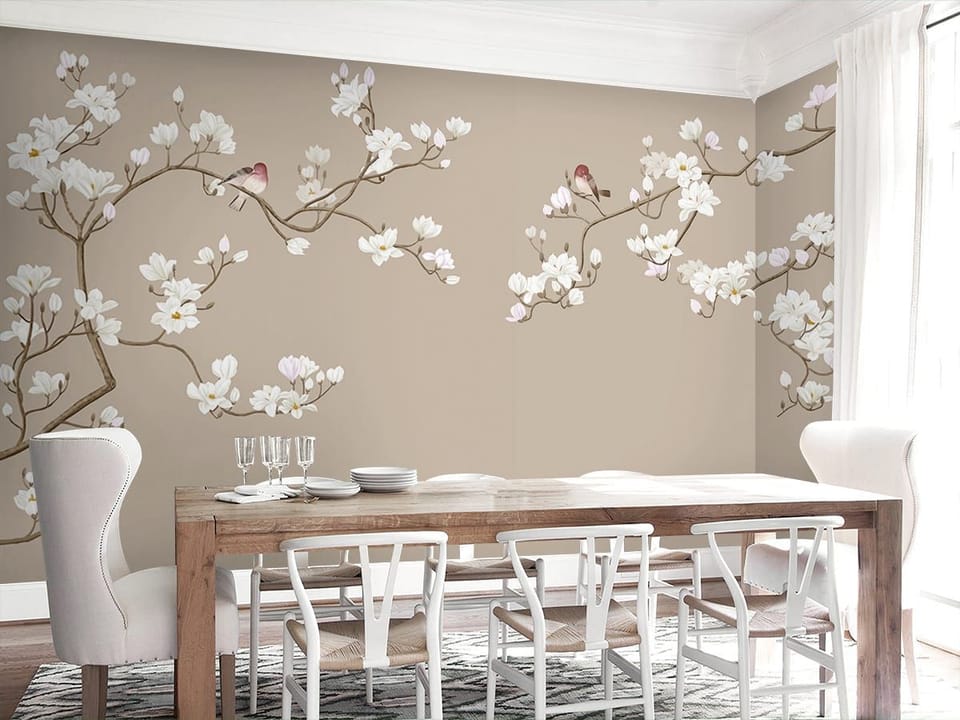 Fototapeta Gałązki magnolii z ptakami we wnętrzu kuchni