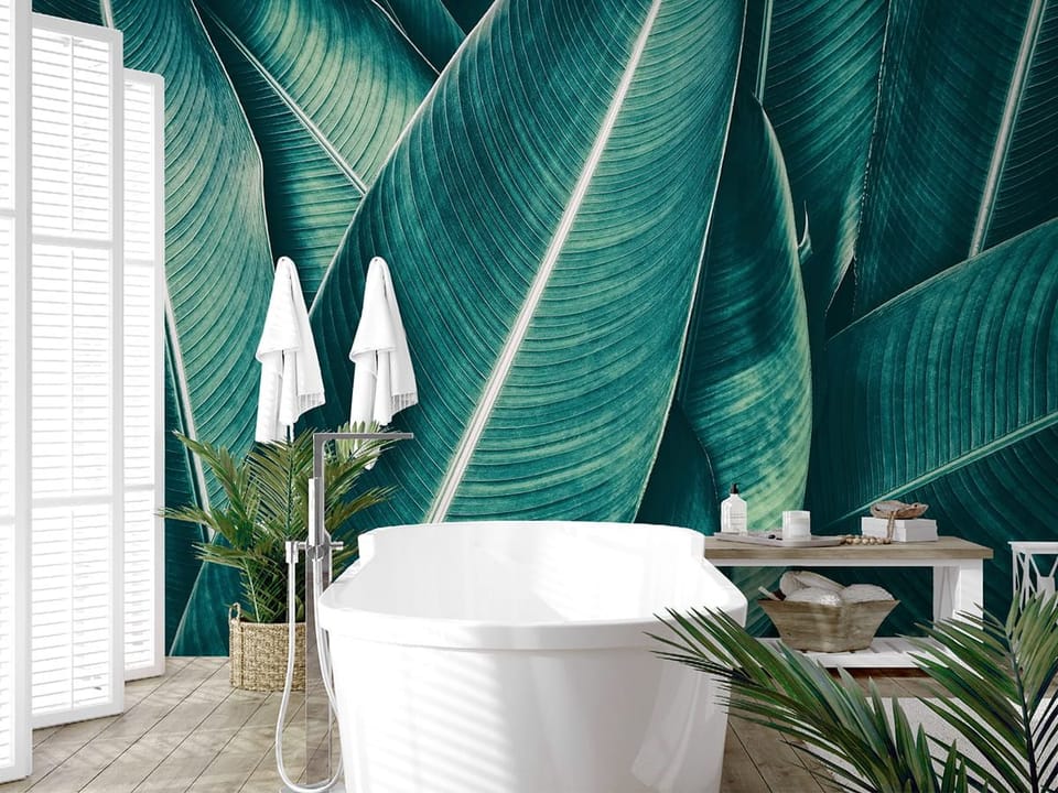 Fototapeta Zielone liście z wyraźnym żyłkowaniem we wnętrzu łazienki