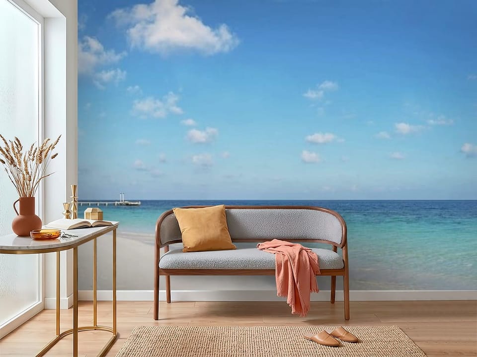 Fototapeta z plażą, palmami i turkusowym oceanem pod błękitnym niebem - inspiracja do nowoczesnego przedpokoju