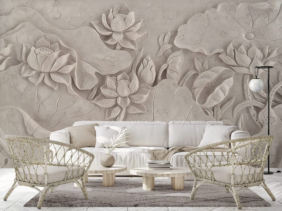 Fototapeta Kwiaty lotosu i liście 3D we wnętrzu salonu