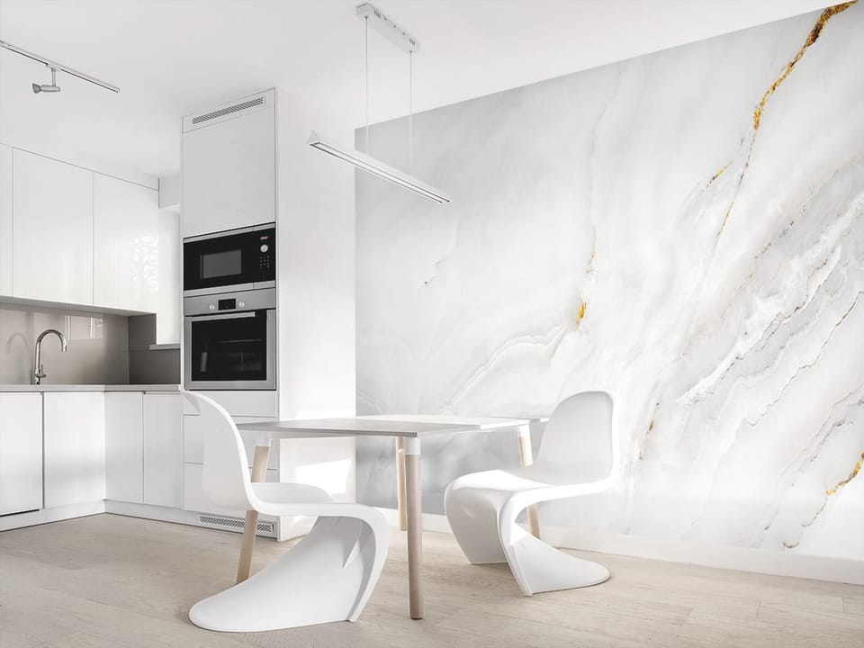 Fototapeta Biała powierzchnia z szarymi żyłkami we wnętrzu kuchni