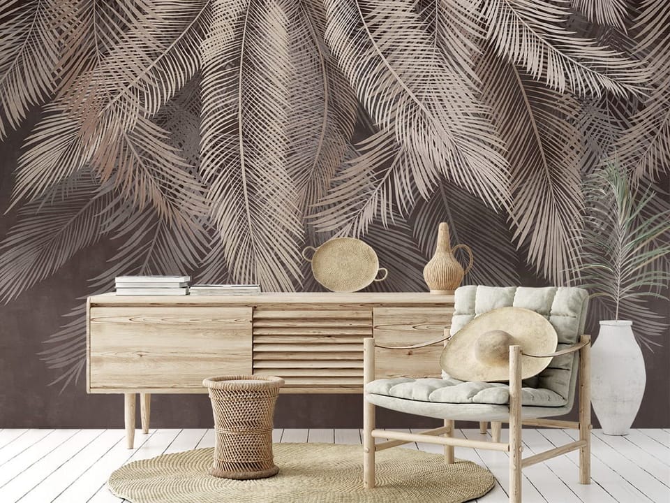 Fototapeta Liście palmowe na ciemnym tle we wnętrzu przedpokoju