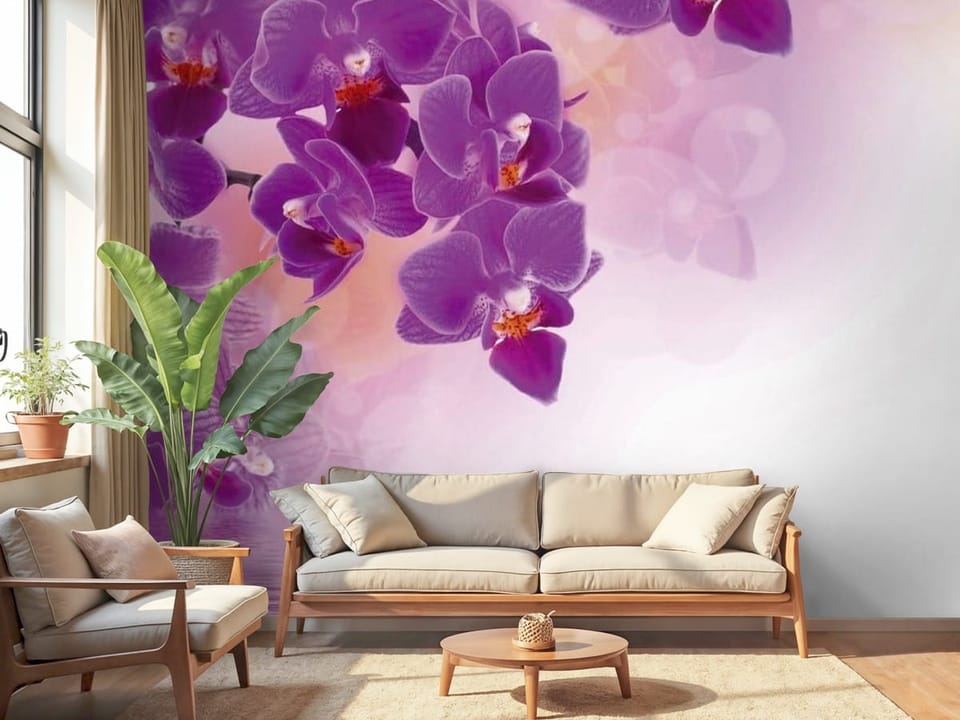Fototapeta z fioletowymi orchideami odbijającymi się w wodzie - piękna aranżacja w salonie