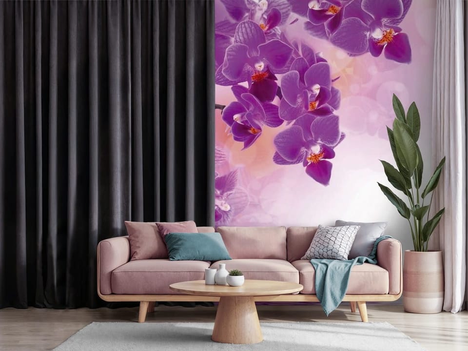 Fototapeta z fioletowymi orchideami odbijającymi się w wodzie - nowoczesna inspiracja do salonu