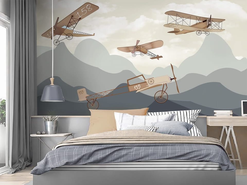Fototapeta Stare samoloty nad górami we wnętrzu pokoju nastolatka