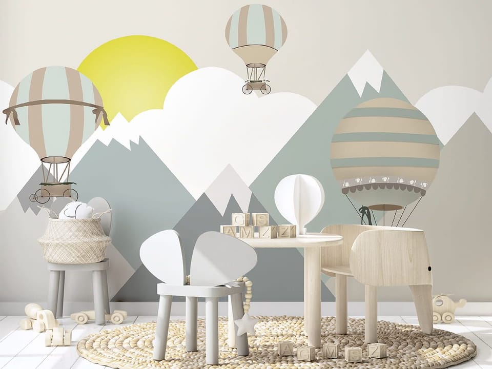Fototapeta Balony nad górami dla dzieci we wnętrzu pokoju nastolatka
