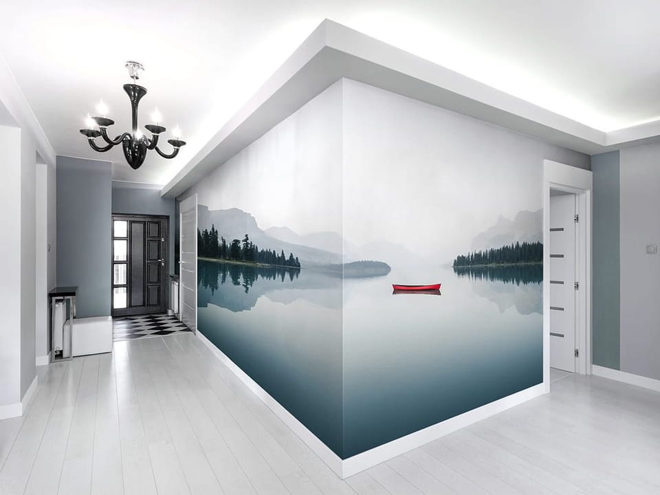 Fototapeta Czerwona łódka na spokojnym jeziorze we wnętrzu przedpokoju